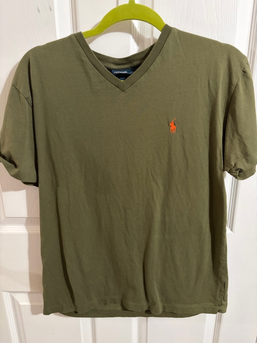 Ralph Lauren Olive V-Neck Tee with Orange Pony Logo